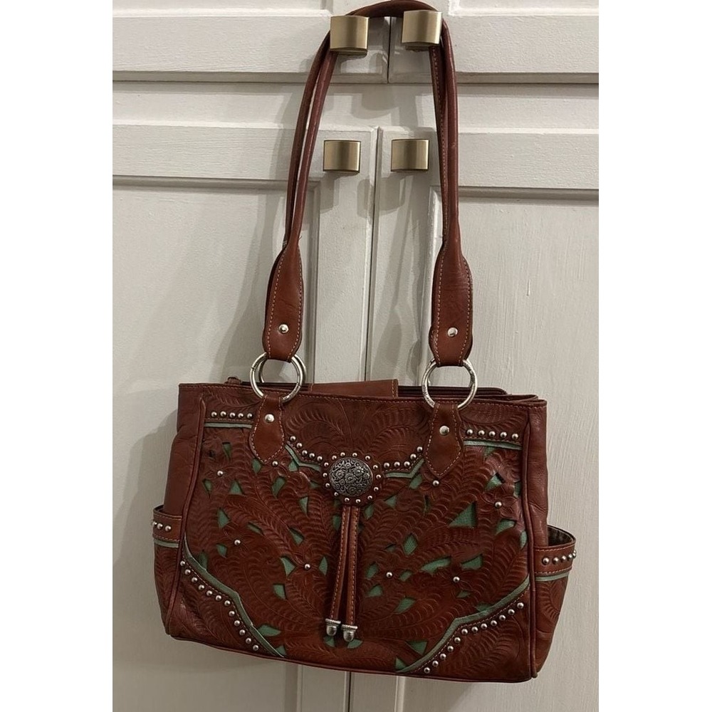 American West Hand Tooled Leather Shoulder Bag with Green Inlay and Silver Studs